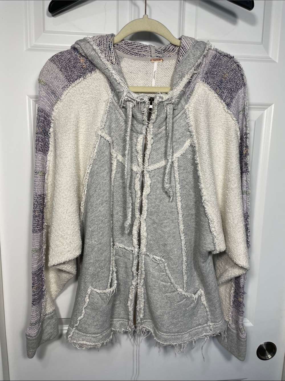 Free People Zip Up Hoodie Small Oversized Patchwork Terrycloth Raw Seams